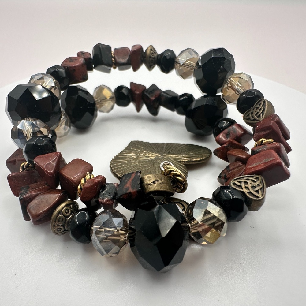 Vintage Y2K Heart of Gold & Love Charm Beaded Wrap Bracelet Women's Jewelry 90s